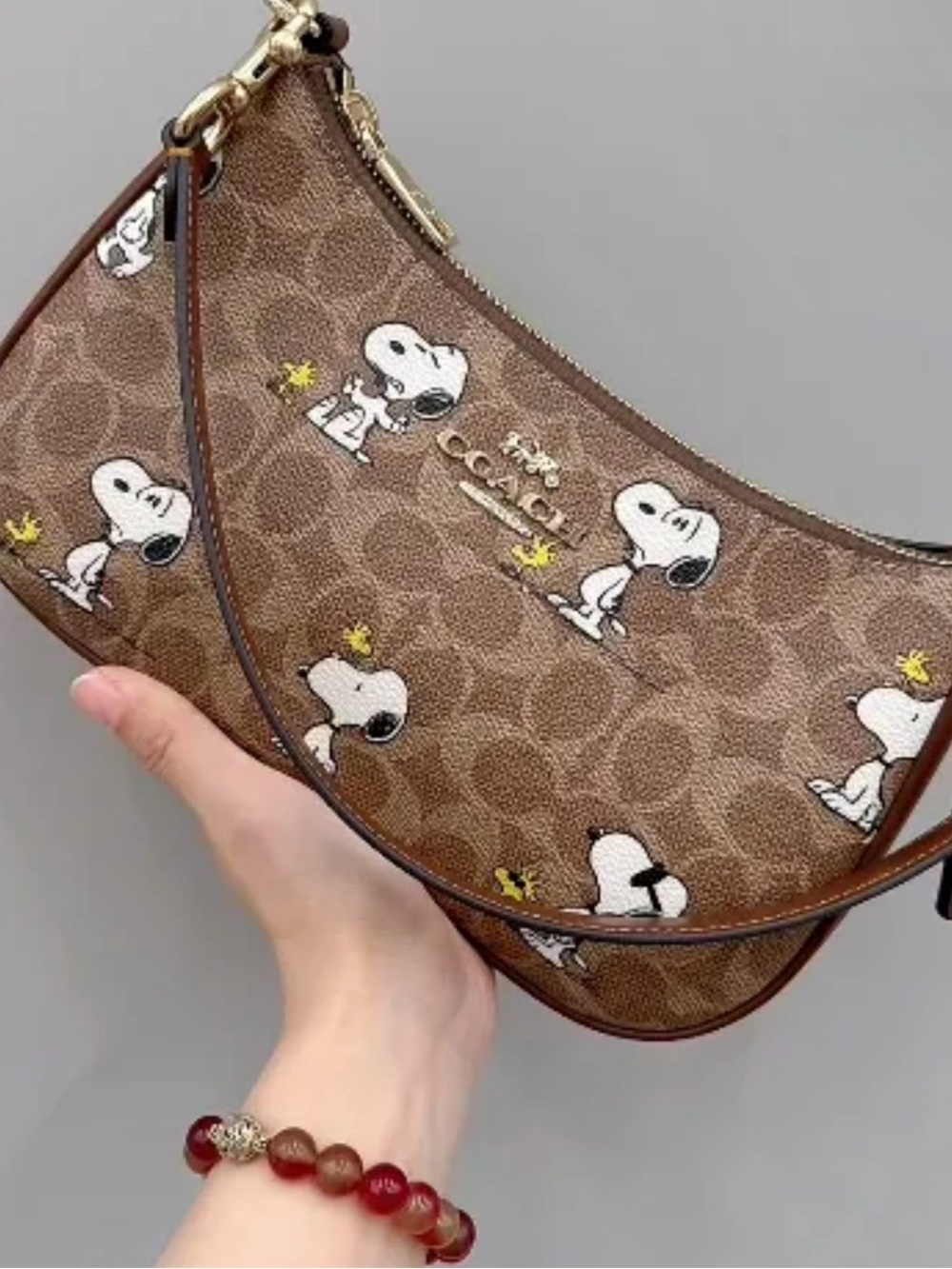 Coach Brown Signature Snoopy Print Shoulder Clutch with Gold Hardware